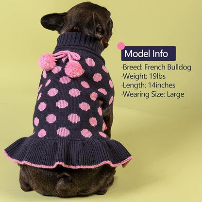 KYEESE Dog Sweaters with Leash Hole Small for Girl Dog Sweater Dress Polka Dot Knit Warm Dogs Clothes with Pom Pom Ball, XS