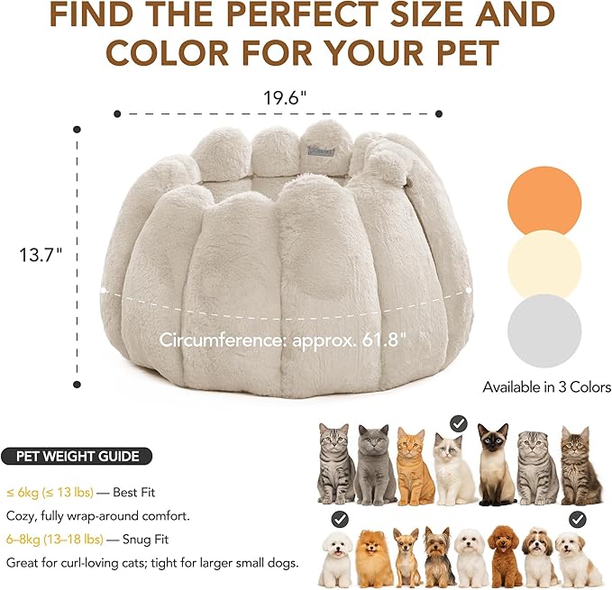 PETNOVO Pumpkin Calming Cat Bed,Plush Donut Cuddler with High Bolster,Ultra Soft Bunny Plush,Oeko‑TEX,Non-Slip Pet Nest,for Indoor Cats up to 13 lbs & Small Dogs,20Lx20Wx12H Inch, Cream