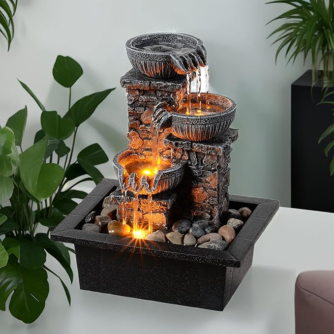 Kalona Tabletop Water Fountain, 3-Bowl Indoor Waterfall with LED Light | 9 cascading streams create soothing water sounds; rock-castle resin decor for meditation, relaxation, home, office or desk.
