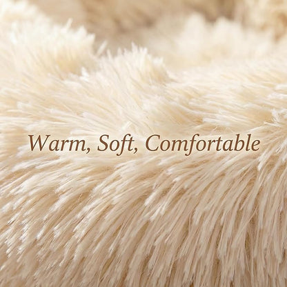 Extra Small Dog Bed 19 Inch,Calming Donut Puppy Bed,Ultra Soft Faux Fur Round Dog Bed for Chihuahua Yorkie Maltese Pomeranian,Beige