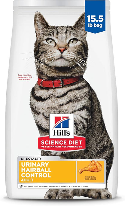 Hill's Science Diet Adult Urinary & Hairball Control Dry Cat Food, Chicken, 15.5 lb. Bag