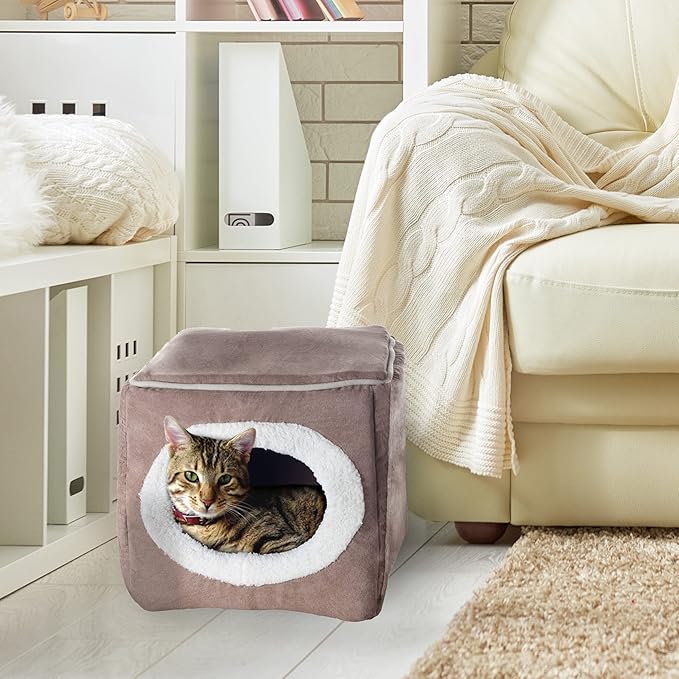 Cat House - Indoor Bed with Removable Foam Cushion - Cat Cave for Puppies, Rabbits, Guinea Pigs, and Other Small Animals by PETMAKER (Light Brown) (Pack of 2)