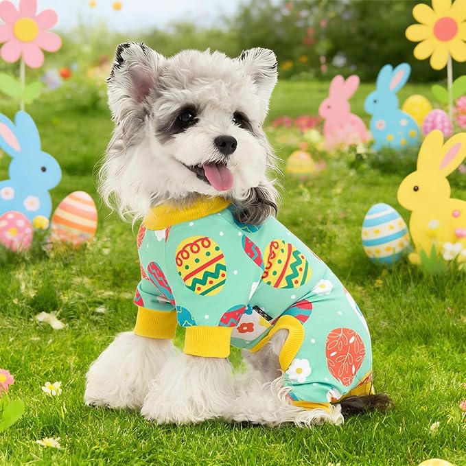 XPUDAC Easter Dog Pajamas, Soft Lightweight Dog Outfit Easter Eggs Puppy Clothes for Small Medium Dogs Pjs Pet Jumpsuit, S