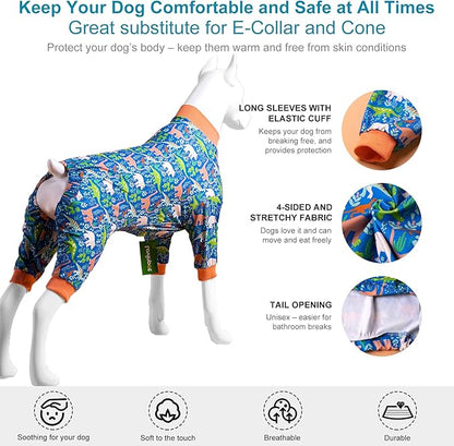 LovinPet Large Breed Dog Clothes Pajamas, Wound Care/Post Surgery Full Coverage Shirt, Dinosaur Land Blue Print, Lightweight Stretchy Knit Pullover Dog Onesie, Pet Pajamas for Dogs, Pet PJ's, 3XL