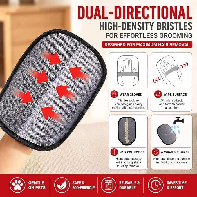 2PCS Pet Hair Removal Gloves for Dogs & Cats, Reusable Electrostatic Pet Hair Remover Tool, Magic Fur Removal Glove for Clothing, Couch, Carpet & Car