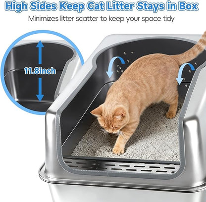 Stainless Steel Cat Litter Box XXL, 23.6" L x 15.7" W x 11.8" H Extra Large Semi Enclosed Removable Metal Litter Tray with High Sided Enclosure, Scoop, Anti-Leakage, Non-Sticky, Easy Cleaning