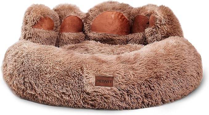 Cute Dog Bed, Fluffy Cozy Bear Paw Shape Plush Round Cat Bed for Small, Medium Dogs Large Cats, Comfortable Sleeping Puppy Cushion, Ideal for Indoor Use（Khaki,30inch