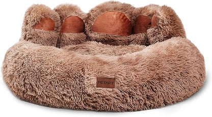 Cute Dog Bed, Fluffy Cozy Bear Paw Shape Plush Round Cat Bed for Small, Medium Dogs Large Cats, Comfortable Sleeping Puppy Cushion, Ideal for Indoor Use（Khaki,30inch