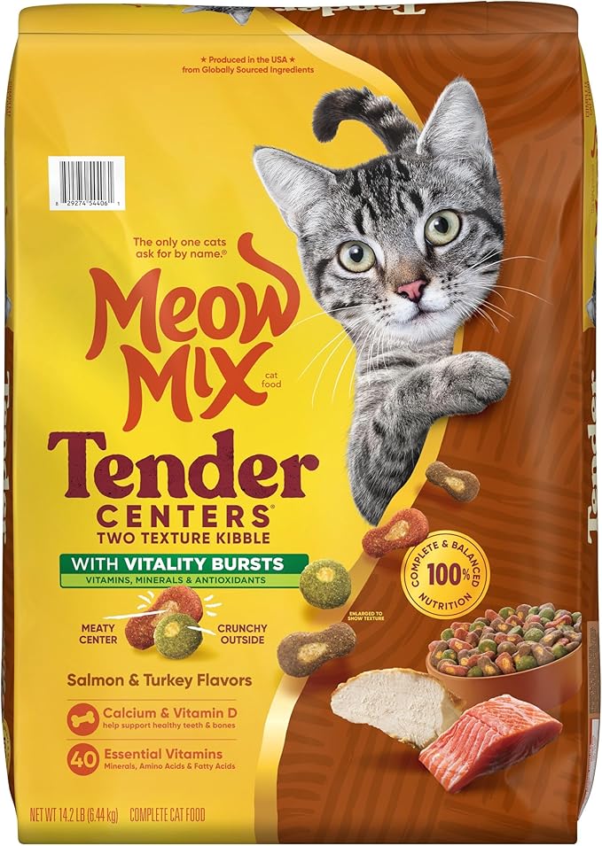 Meow Mix Tender Centers Vitality Bursts, Salmon & Turkey Flavor, Dry Cat Food, 14.2 lb. Bag