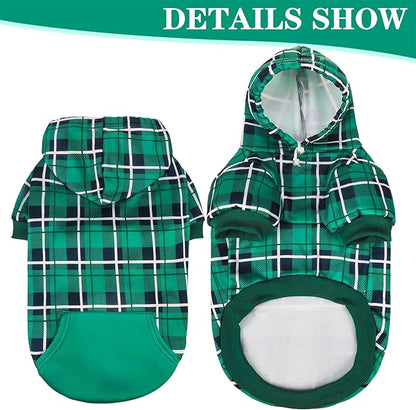 EXPAWLORER Plaid Dog Hoodie - British Style Warm Dog Sweater Shirt with Leash Hole,Pitbull Clothes Outfits,Winter Coat Apparel for All Breeds Puppy Girl Boy-Cat Apparel,Green Large