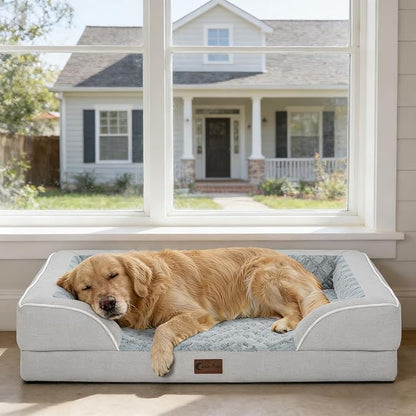 Orthopedic Dog Beds for Extra Large Sized Dogs, Waterproof Memory Foam XL Pet Bed with Sides 48x30Inch, Non-Slip and Egg-Crate Foam Big Dog Couch Bed with Removable Washable Cover, Light Grey