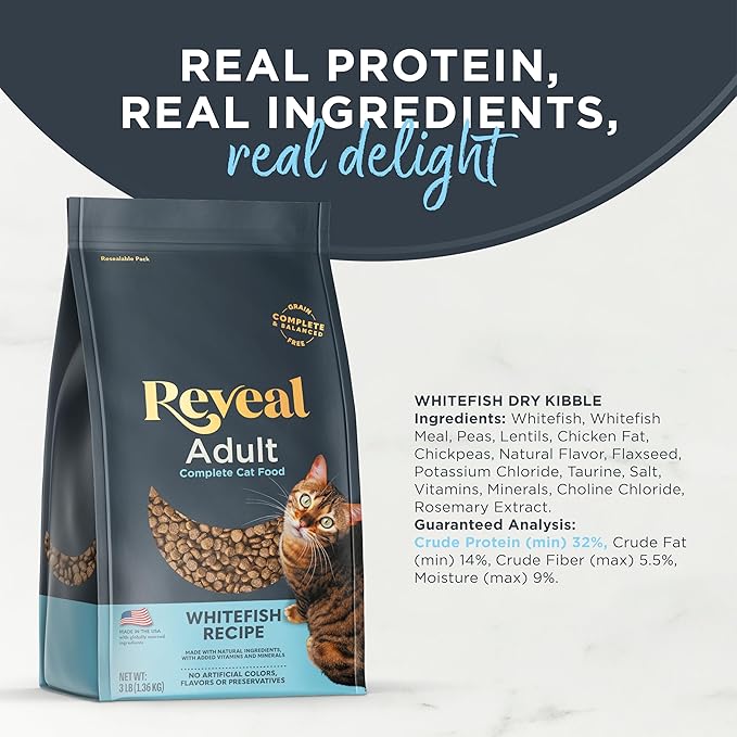 Reveal Natural Dry Cat Food, Grain and Potato Free, with Added Vitamins & Minerals, Food for Cats, Whitefish Recipe 3 x 3 lb Bags