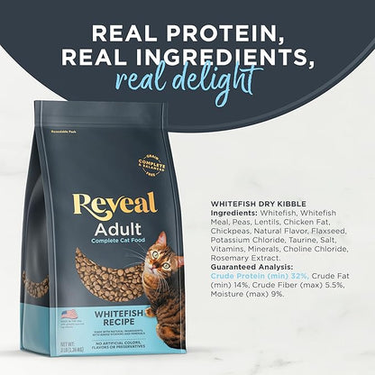 Reveal Natural Adult Dry Cat Food, High Protein, Grain Free with Added Vitamins & Minerals, Complete & Balanced Nutrition for Cats, Whitefish Recipe (3 Pound Bag)