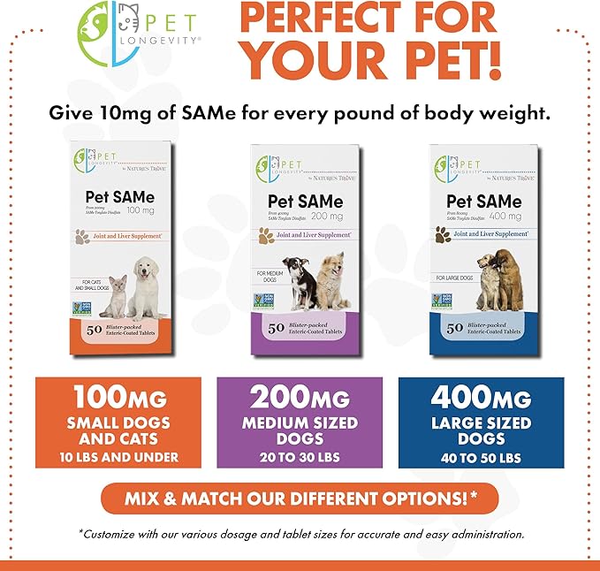 Same 100 mg Pet Supplements – Liver and Joint Support for Cats, Small Dogs with Elevated Enzymes – S Adenosyl Methionine - 50 Gluten Free Enteric Coated Tablets – Non GMO Certified