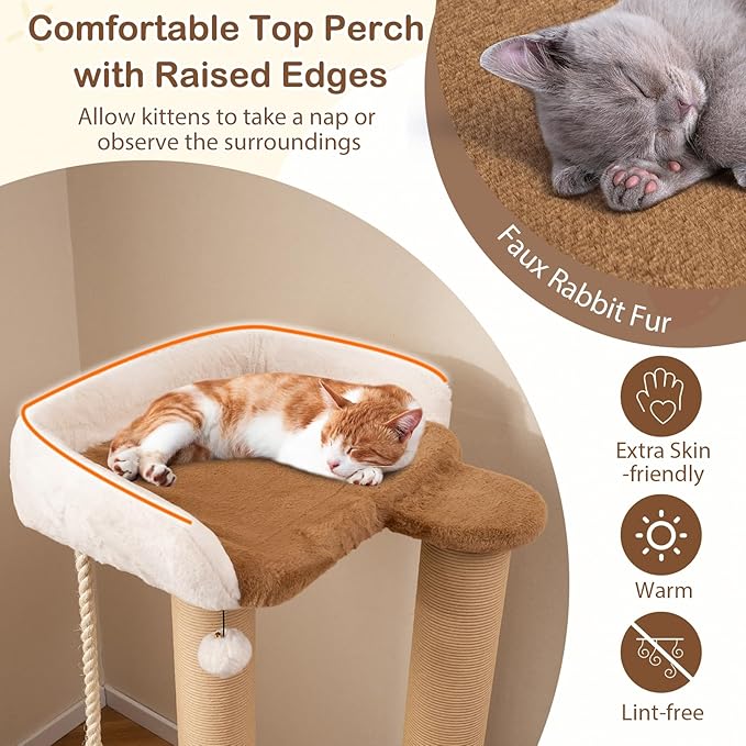 PETSITE 44-inch Modern Cat Tree for Indoor Cats, Multi-Level Cat Tower with Paper Rope Scratching Posts, Self Groomer, Sisal Rope, Soft Faux Rabbit Fur Covered Platforms, and Dangling Ball