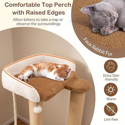 PETSITE 44-inch Modern Cat Tree for Indoor Cats, Multi-Level Cat Tower with Paper Rope Scratching Posts, Self Groomer, Sisal Rope, Soft Faux Rabbit Fur Covered Platforms, and Dangling Ball