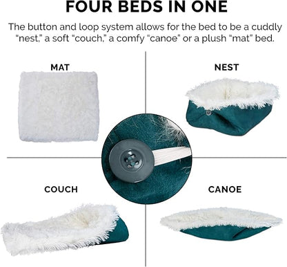 Furhaven Self-Warming Cat Bed for Indoor Cats, 4-Beds-in-1 & Washable - Plush Long Faux Fur Convertible Cuddler - Spruce, Small