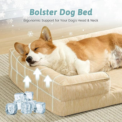 COZY KISS Cooling Dog Bed for Medium Small Size Dogs, Q-Max >0.4 Summer Cool Pet Bed, Orthopedic Foam Dog Sofa with Sides, Bolster Anti-Slip Couch with Washable Removable Cover, M 30x20x6 inch, Beige