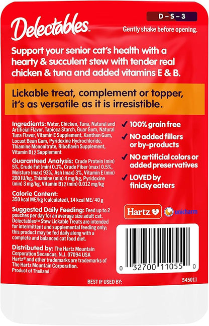 Delectables Lickable Treat Stew Senior 10+ Wet Cat Treat with Real Chicken & Tuna, Food Topper, Hydrating, Grain-Free, No Fillers, No By-Products, No Added Preservatives, 1.4oz Pouch, 12ct