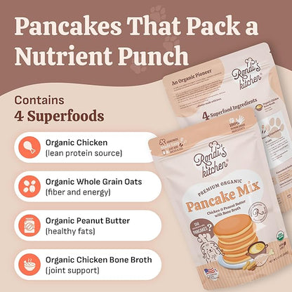 Rondi's Kitchen Organic Dog Pancake Mix - Natural Healthy Treat for All Dogs - Superfood Snack Made with Human-Grade Ingredients - Makes About 38 Pancakes - Chicken & Peanut Butter with Bone Broth