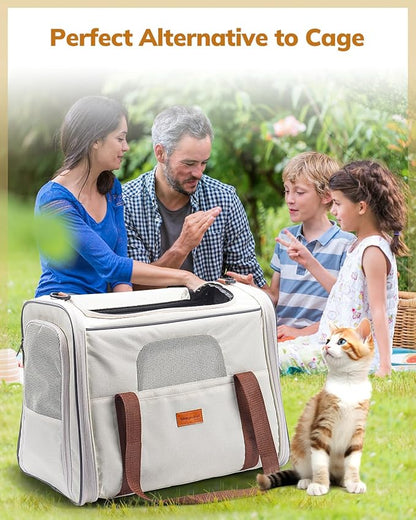 Morpilot Cat Carrier - Soft Sided Cat Carrier Large for Big Medium Cats and Puppy up to 18lbs, Pet Carrier with Safety Zippers, Foldable Bowl, Airline Approved Large Dog Carrier - Beige