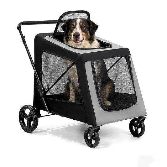 Extra Large Dog Stroller for Large Dogs Up to 130 lbs, Heavy Duty Pet Stroller with Breathable Mesh, Easy Fold Travel Pet Cart with Cup Holder, Adjustable Handle, Secure Safety Belts