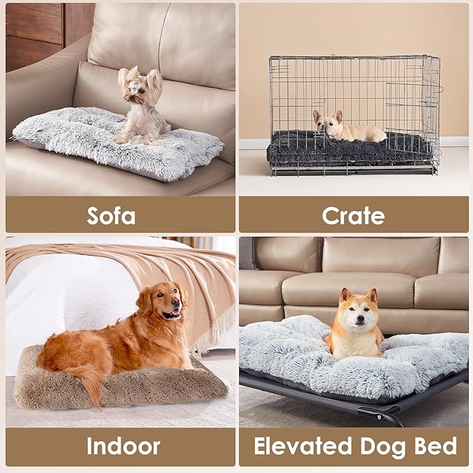 EHEYCIGA Fluffy Dog Crate Bed for Small Dogs, Plush Faux Fur Crate Pad, Calming Anti Anxiety Small Dog Bed, Washable Soft Warm Mat with Non-Slip Bottom, Camel