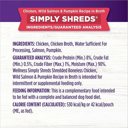 Wellness Bowl Boosters Simply Shreds Wet Dog Food Topper for Small, Medium, & Large Breeds, Grain Free, Natural, Wild Salmon & Pumpkin, 2.8 Ounce Pouch (Pack of 12)