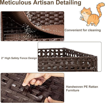 Handwoven Rattan Cat Litter Box Enclosure Furniture - Hidden Cabinet with Odor-Control Mat, Anti-Spill Fence & Secure S-Hooks for Living Room/Bedroom, 18.2"x18.2"x24.5" (Brown)