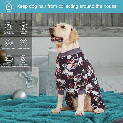 LovinPet Medium/Big Breeds Large Dog Pajamas, Anti Licking, Wound Care/Post Surgery Dogs Pajamas, Lightweight Stretchy Fabric, Beautiful Bouquets Black Print Large Dog Onesies, Pet PJ's/Medium