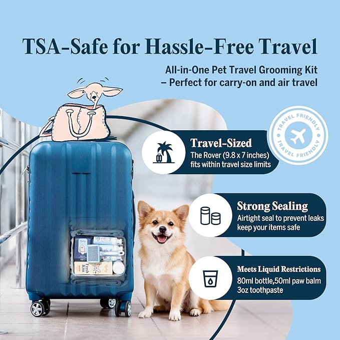 FlyDog The Rover Pet Travel Bag - 11 Piece Dog Grooming Kit with Shampoo, Conditioner, Paw Cream, Toothpaste & Toothbrush, and More, Dog Camping Essentials for Hiking and Outdoor Adventures