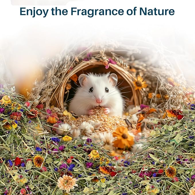 Sukh 150G Hamster Bedding - Flowers & Herbs Odor Control Dwarf Gerbil Robo Katy Habitat Decor Hamster Forage Gerbils Mice Lemmings Degus or Other Small-Sized Pets