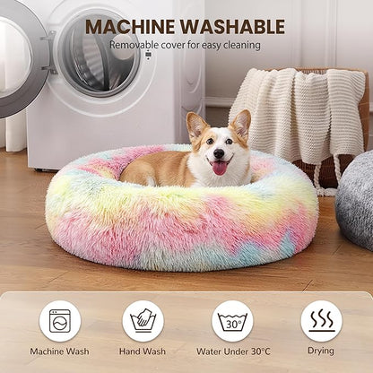 Donut Dog Bed Medium Size Dog, Round Cat Beds for Small Medium Dogs and Cats with Washable Fluffy Faux Fur, Cute Comfort Pet Bed with Anti-Slip Bottom, Rainbow, 30"
