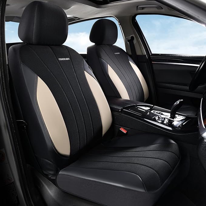 Coverado Automotive Seat Covers Front Seats, Luxury Car Seat Covers, Auto Seat Covers 2-Pack, Beige Driver Seat Protectors, Universal Fit for SUVs, Trucks, Sedans