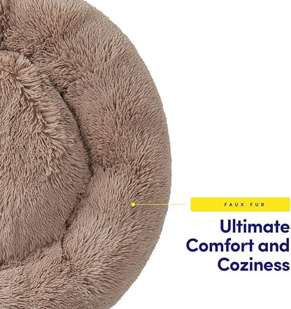 Dog & Cat Bed: Round Faux Fur Pet Bed - Plush, Cozy, & Calming Donut Bed for Large Pets - Soft & Comfortable Sleeping Cushion for Napping & Lounging, 30" Round, Taupe