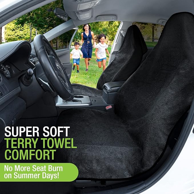 Season Guard Terry Cloth Sweat Towel Seat Cover; Carseat Towel Protector; Waterproof; Universal Fit for Car SUV Van Truck; EZ fit; Non Slip Grip; Machine Washable; Great for Gym Workout; 1pc Black