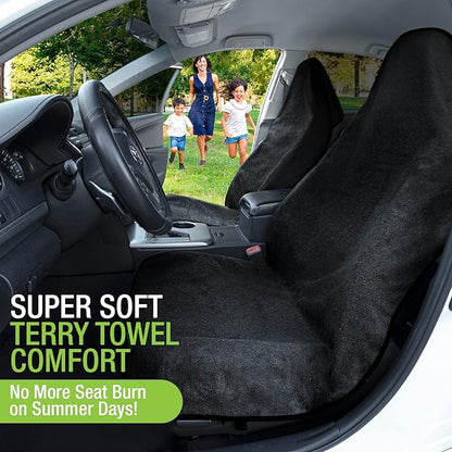Season Guard Terry Cloth Sweat Towel Seat Cover; Carseat Towel Protector; Waterproof; Universal Fit for Car SUV Van Truck; EZ fit; Non Slip Grip; Machine Washable; Great for Gym Workout; 1pc Black