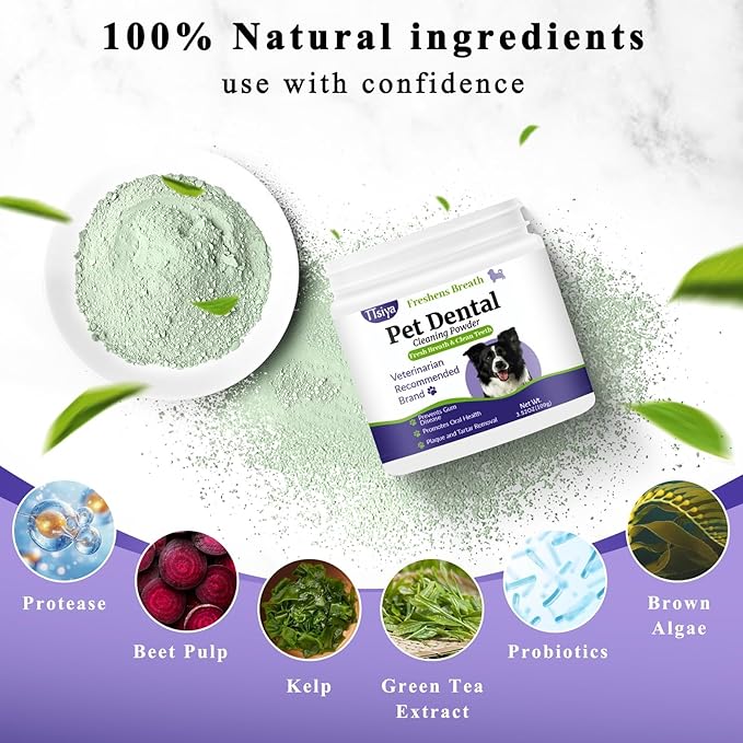 Dog Teeth Cleaning Powder, Pet Dental Powder -Dental Care, Dogs Breath Freshener with Probiotics for Tartar & Reduces Plaque & Bad Breath Teeth Cleaning for Small, Medium, Large Dogs 80g
