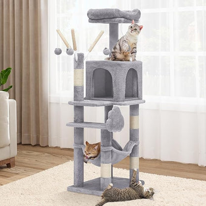 YITAHOME 44in Cat Tree Tower Indoor, Multi-Level Cat Condo with Scratching Posts, Cat Window Padded Plush Perch, Cozy Hammock, Funny Pompoms for Kittens Pet Play House, Light Gray