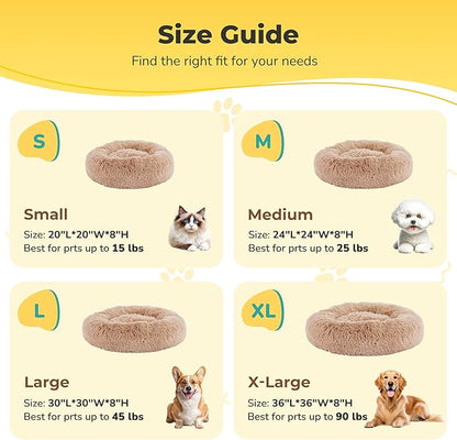 Soft Round Dog & Cat Bed, Anti-Anxiety Donut Cuddler with Anti-Slip Bottom Cozy Fluffy Pet Bed for Medium Large Dogs and Cats, 30inch, Brown