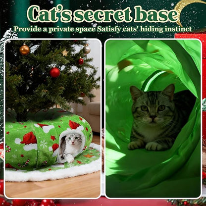 Christmas Cat Tunnel Tree Skirt – Warm Flannel Donut Tunnel Bed with Soft Cushion & Hanging Ball Toy, Peekaboo Cat Cave Under Tree for Indoor Cats to Prevent Christmas Tree Falling, Festive Green
