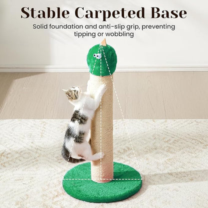 Cat Scratching Post for Small Space, 22'' Scratching Posts for Indoor Cats Adults, Extra Wide 13.4" Stable Base & Natural Sisal, Cute Cat Scratching Post with Short Plush Fabric for Large Cats, Green