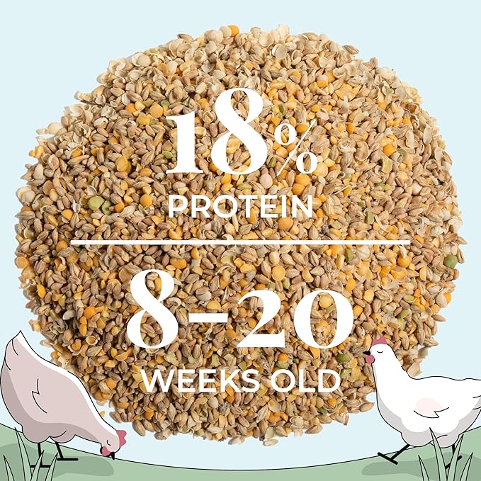 Mile Four Organic Chicken Feed (23 lbs) Grower Whole Grain, Non-GMO, USA Grown, 18% Protein, Corn-Free, Soy-Free, Non-Medicated Feed for Chickens