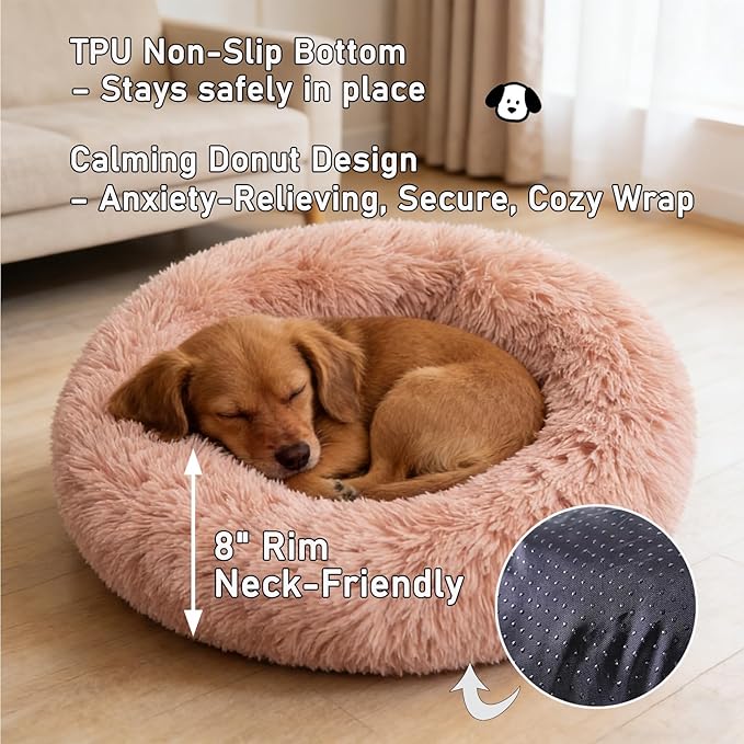Calming Donut Dog Beds Large Sized Dog - Washable Removable Cover Non-Slip, Round Pet Bed Warming Fluffy Plush Faux Fur Anti-Anxiety Thick Cushion, Fits up to 80 lbs (Blush, 36")