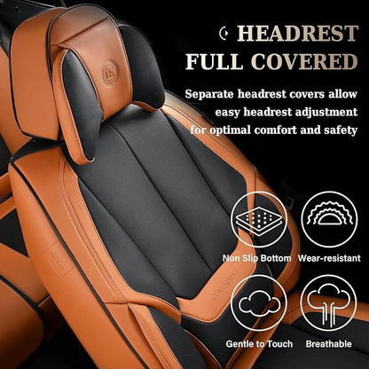 Coverado Universal Seat Covers Full Set, 5 Seats Universal Seat Covers for Cars, Waterproof Nappa Leather Car Seat Covers with Head Pillow, Auto Protectors Fit for Most SUV Pick-up Truck-Black&Brown