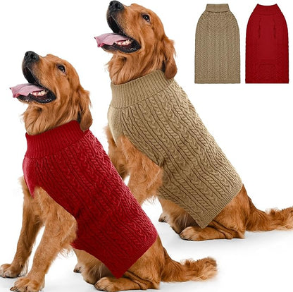 2 Pack Dog Sweaters for Large Dogs Winter Turtleneck Pullover Cable Knit Fleece Stretch Pitbull Labrador Golden Retriever Doberman Bulldog Boy Girl Pet Clothes (XL, Red & Brown)