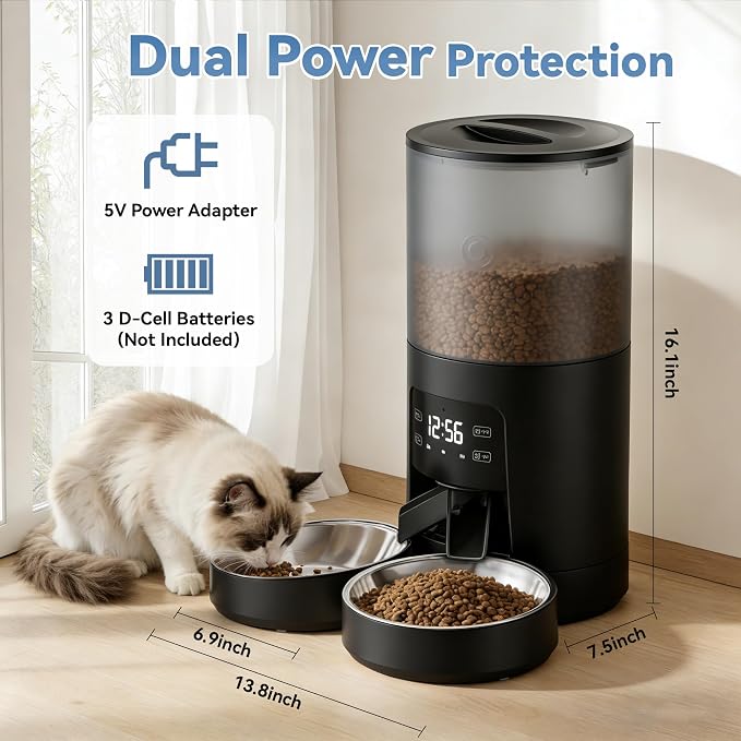 Sweetcrispy Automatic Cat Feeder, 4L Cat Food Dispenser with APP, Black | 2.4G WiFi, Applicable for Dry Food, 16.9 Cups, 10 Meals/Day, 50 Portions/Meal, 10s Voice Recorder, Dual Power Supply