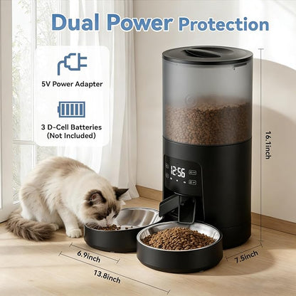 Sweetcrispy Automatic Cat Feeder for 2 Cats, 6L Automatic Pet Feeder, Black | 25.3 Cups, 2 Stainless Bowls, Programmable Schedule, 6 Meals/Day, 50 Portions/Meal, Dual Power Supply, 10s Meal Call