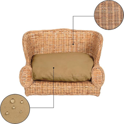 DBD1004B Handwoven Water Hyacinth Pet Daybed with Machine-Washable Cushion, 27.5" x 18" Wicker Sofa for Small to Medium Dogs and Cats, Vintage Style Elevated Pet Bed, Light Brown