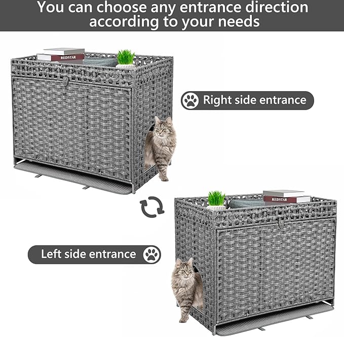 Cat Litter Box Enclosure Furniture Hidden, Pet House Litter Box Furniture for Large Cats, Handwoven Rattan with Door Cat Washroom Box, Indoor Cat House Storage with Soft Litter Mat, Grey